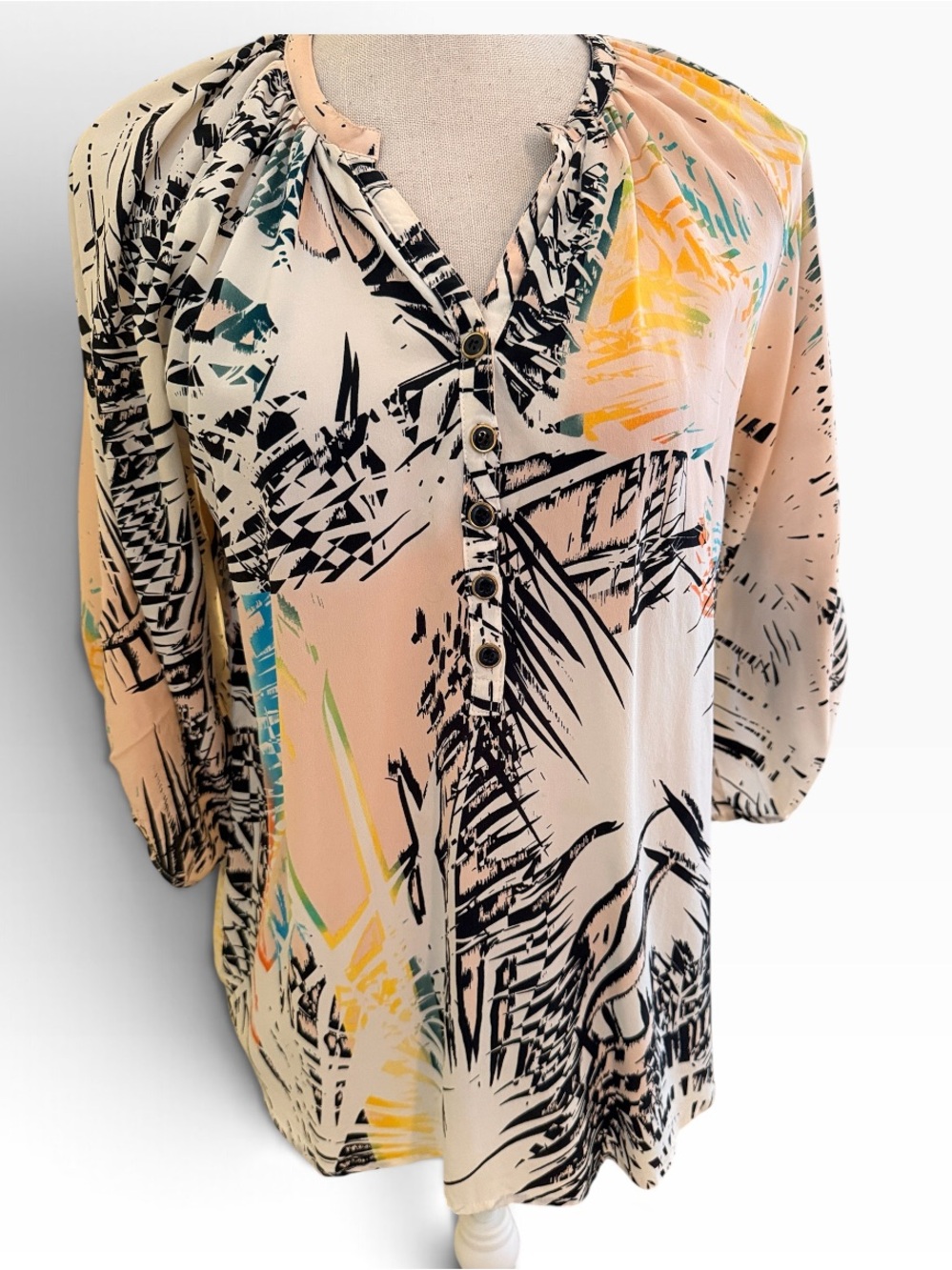 Yumi Kim Silk Abstract Print Black & Cream Henley Button Blouse S